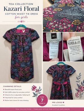Tea Collection Kazari Floral Cotton Waist Tie Girls Dress - Sz 7 (Girls)